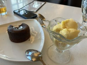 Lava cake and mango sorbet  at Mammoth Dining Room in Yellowstone National Park