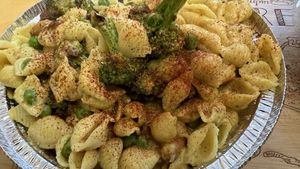 Vegan Mac ‘n’ Cheese Bowl w/ Broccoli & Peas & Roasted Garlic  at Mac'D & More in Astoria