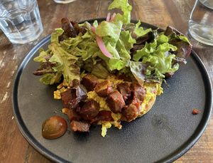 Chorizo and scrambled tofu  at Alimento Eatery in Tauranga