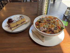 Frangipani slice and satay tofu noodles.   at Alimento Eatery in Tauranga