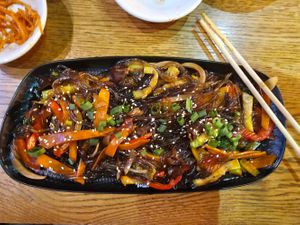 Funchyeza (rice noddles with vegetables in soy sauce) at Kim Chi in Almaty