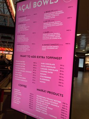 Menu (the ones with a V are vegan) at KEF - Maika'i in Keflavik