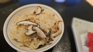 Fresh rice off the pot with mushrooms at Yunosato in Hokkaido