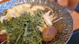 Night 2, mushroom soup,  very vegetal broth at Yunosato in Hokkaido