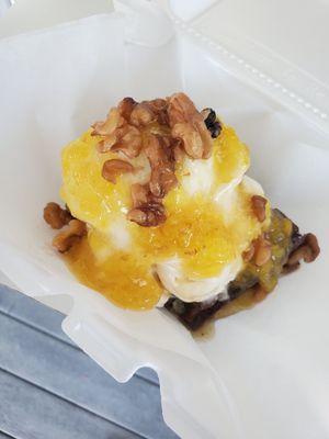 Half baked brownie with vegan vanilla ice cream at Frosty Falls  in Bridgeport