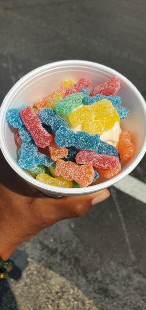 Dairy free vanilla ice cream with sour patch kids at Frosty Falls  in Bridgeport