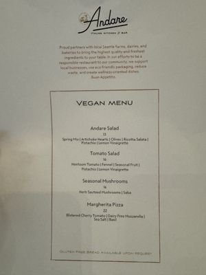 Vegan menu  at Andare in Seattle