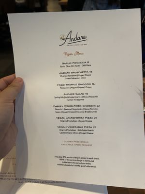 Separate Vegan Menu   at Andare in Seattle