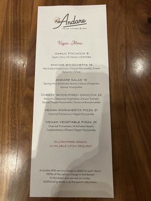 Updated vegan menu 12/2/25  at Andare in Seattle