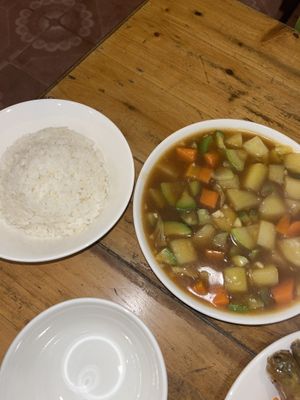 Vegetables in curry sauce and rice  at Sapa Vegan Kitchen in Sapa