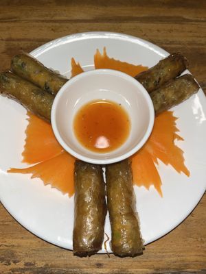 Spring rolls with sweet chilli sauce and carrot shapes  at Sapa Vegan Kitchen in Sapa