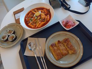 Tteokbokki, yuba and some kimbap at Loving Hut - Real Love in Seoul