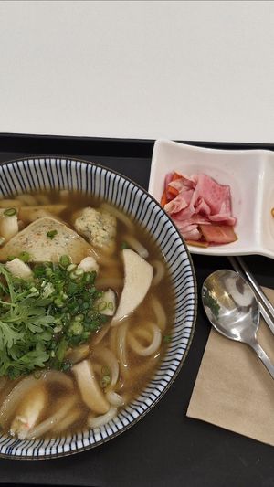 Udon Noodle soup with imitation seafood at Loving Hut - Real Love in Seoul