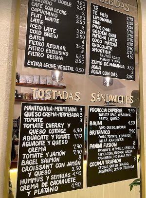 Full menu at Vortex Coffee Society in Madrid
