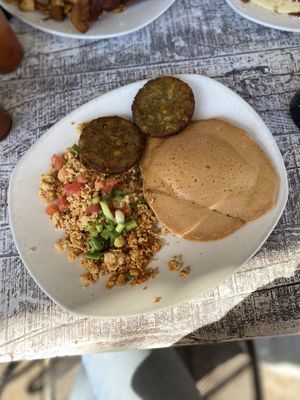 Vegan breakfast platter w/ tofu scramble, pumpkin pancake + Dr. Praegers patties   at Kerbey Lane Cafe - Central in Austin