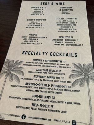 Drink menu  at Sunset 89 in Page
