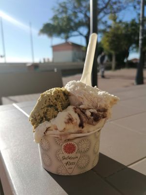 Vegan pistache, pear, and bounty ice cream at Gelateria Ricci in Follonica