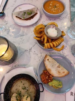 Quesadilla, "coquilles", Fries, soup and something with mushrooms at Rozey in The Hague