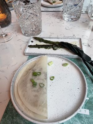 Oyster mushroom pancake & green asparagus  at Rozey in The Hague