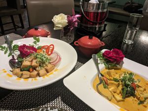 Coconut curry with bean curd and vegetables and sauteed spicy bean curd with herbs and vegetables at Herb in Chicago