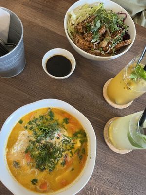 Gemüse-Kokossuppe + Tofu Reisgericht   at Domovina in Brno