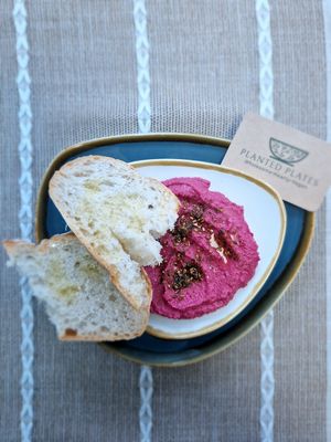 Beetroot Houmous. Homemade by the owner, Henna at Planted Plates in Milton