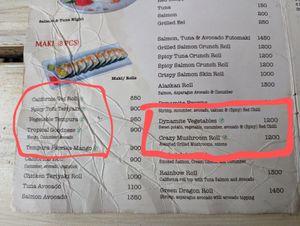 Maki menu at Shokudo in Nairobi