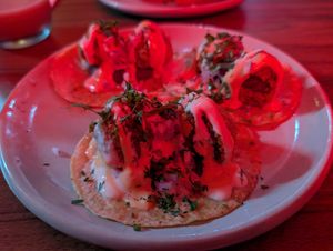 Hard to see, but eggplant croquette tacos. Very tasty! at Segundo Piso in Bogota