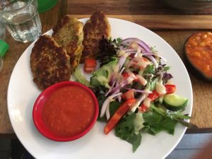zucchini and corn fritters at Ungaro Raw in Rozelle
