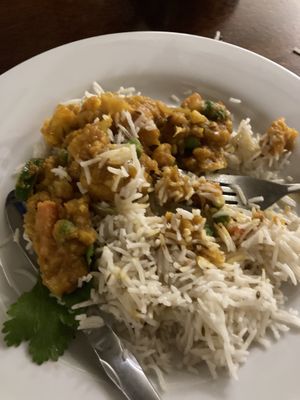 Entree and rice at Clay Pit in Austin