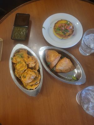 Batata, samosas, and pakori at Clay Pit in Austin
