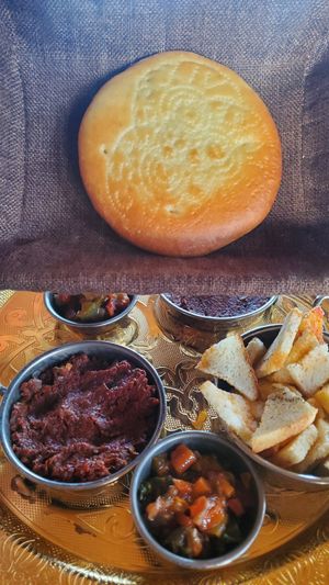 Traditionnal bread with mezze, they said no dairy but I'm not sure. at Old Terrassa in Khiva