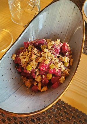 Beetroot salad with nuts and peas at Old Terrassa in Khiva