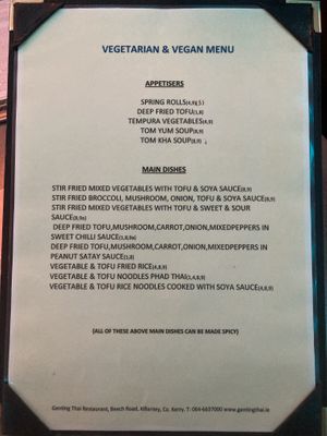 Vegan / veggie menu (no prices?)  at Genting Thai in Killarney