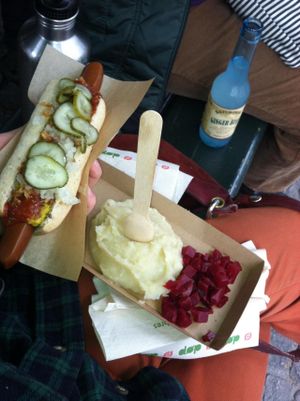with mash and roots and ginger brew at Den Okologiske Polsemand - Food Stall in Copenhagen