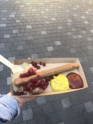 Tofu sausage with parsnip puree, beets, ketchup and Danish mustard at Den Okologiske Polsemand - Food Stall in Copenhagen