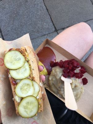 Hot dog n potato mash at Den Okologiske Polsemand - Food Stall in Copenhagen
