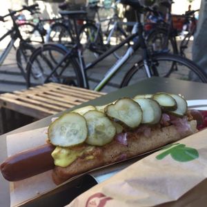 The basic hot dog (really inexpensive), tastes anything but basic.  at Den Okologiske Polsemand - Food Stall in Copenhagen