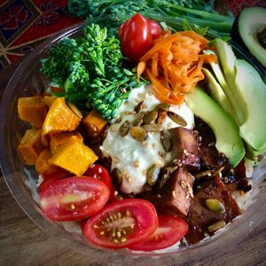 Hummus nourish bowl - vegan and gluten free.  at Mumma Dee's Kitchen in Port Douglas
