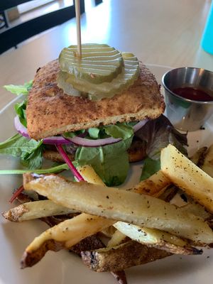 Black bean burger with baked fries ❤️ at The Cutting Board Bakery and Cafe in Mesa