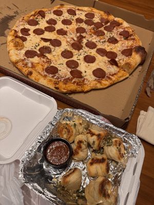 Pizza and garlic knots   at Vegan Pizza  in Denver