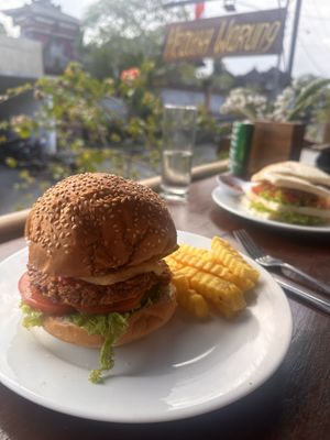 Vegan burger (40k) and vegan club sandwich (40k)  at Healthy Warung Campuhan Restaurant in Ubud