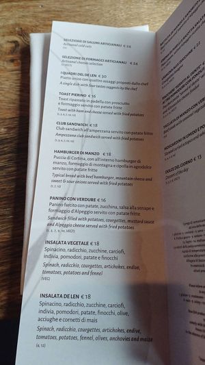 Menu with vegetable salad, 5 September 2024 at Ristorante De Len in Cortina D Ampezzo