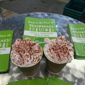 hot chocolate and turmeric latte all vegan at Beanfreaks Store and Juice Bar in Cardiff