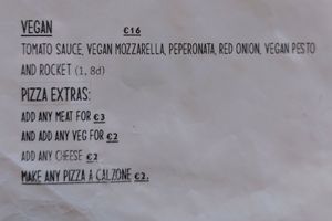 Vegan pizza menu at Freddy's in Galway