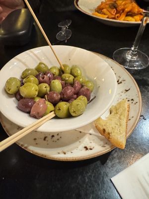 Olive bowl with Garlic breadd  at Freddy's in Galway