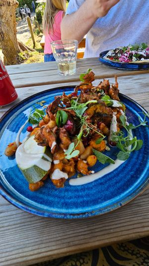 Samphire fritters, pickled courgette, tahini and pomegranate at Home Farm Café in Bovey Tracey