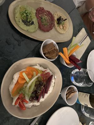 Starters: hummus & labneh  at Mouna Cocina Artesana in Mallorca