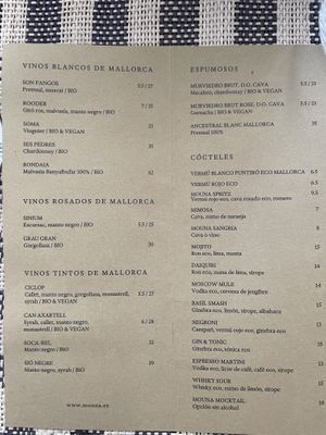 Menu  at Mouna Cocina Artesana in Mallorca