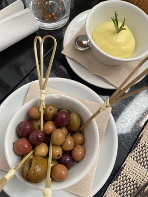 Olives and allioli  at Mouna Cocina Artesana in Mallorca